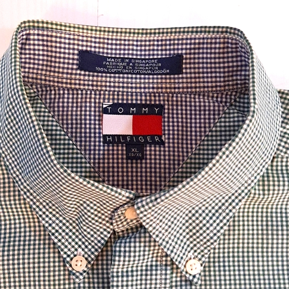 Tommy Hilfiger short sleeve green check button down top.